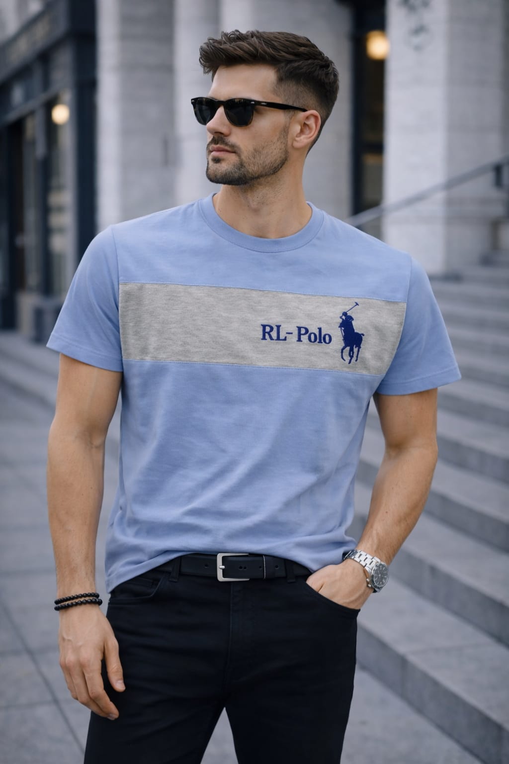 486 Polo azul cielo-gris